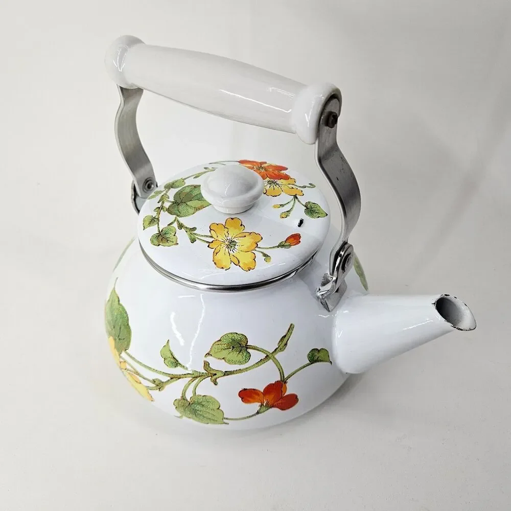 Teapot Enamel Kettle from 1980s or 1990s Super cute cottage core VINTAGE